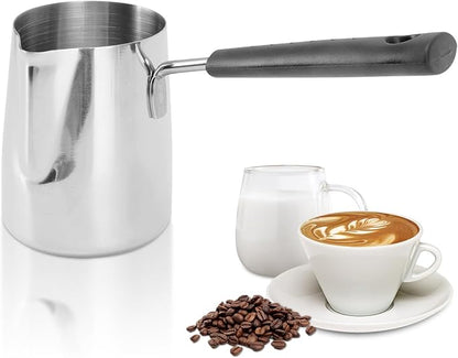 Classics Turkish Coffee Pot, 12oz/350ml Stainless Steel Milk Frothing Jug Long Handle Coffeware Pull Flower Toroid Pitcher Milk Warmer Hot Chocolate Maker