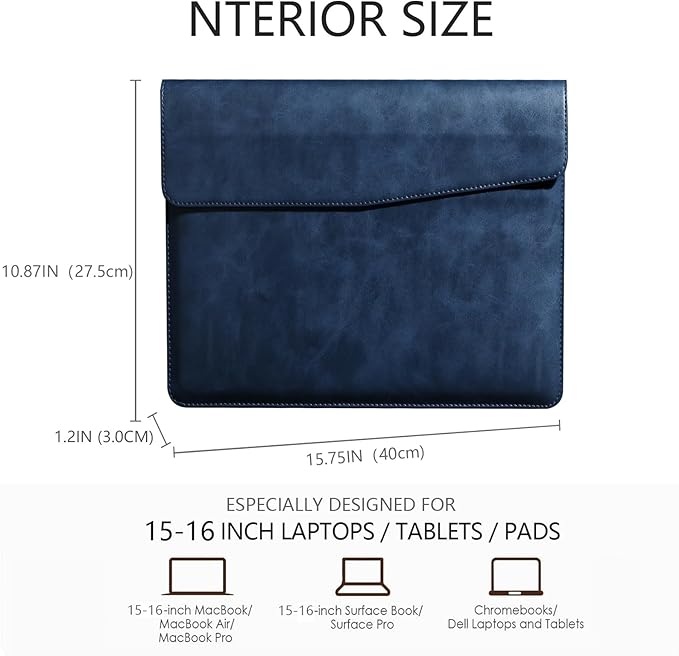 Leather Laptop Sleeve Compatible with MacBook Pro 16 Inch M4 M3 M2 M1 Pro/Max＆MacBook Air 15 Inch M4 M3 M2, Genuine Leather Protective Case Cover,Blue
