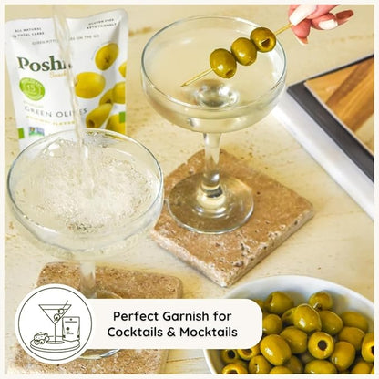 Poshi Green Olives On-The-Go - Original Flavor - Single Serve Pitted Olives - Convenient and Healthy Snack Packs - All Natural, Non-GMO, Kosher, Gluten-Free - 1.1 Oz Bags (10/Pack)