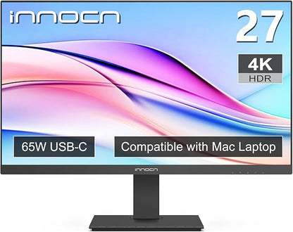 INNOCN 27 Inch 4K Monitor for MacBook Air/Pro, Mac mini PC, 3840 x 2160 LCD IPS Display, HDR400, USB C 65W, DP, HDMI, PC Monitor, 1.07B+ Colors, Built-in Speakers, Pivot Adjustable Stand, Black