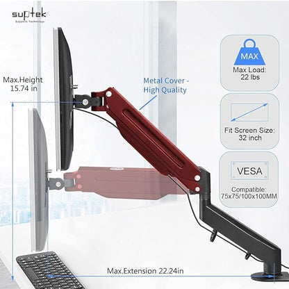 Suptek Monitor Mount Gas Spring Monitor Arm Desk Mount Fully Adjustable Fits 17 20 22 23 24 26 32 inch Monitors Weight Capacity up to 22 lbs