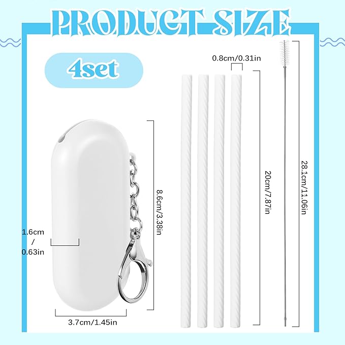 Meanplan 4 Sets Cruise Ship Essentials,4 Set Silicone Straws with Case Reusable Silicone Portable Drinking Straw Set for Party Travel Cold or Hot with 4 Carry Case, 4 Cleaning Brushes (White)