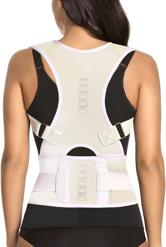 Thoracic Back Brace Posture Corrector - Magnetic Support for Neck Shoulder Upper and Lower Back Pain Relief - Perfect Posture Brace for Cervical Lumbar Spine - Fully Adjustable Belt (Beige, Small)