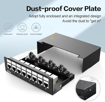 8Port Patch Panel CAT6A Keystone Patch Panel Shielded Network Patch Patch with Smart Cable Management for Home/Office Network (1U 8Port, CAT6A)