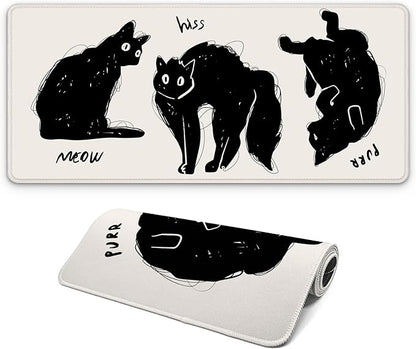 Funny Cute Cat Gaming Mouse Pad with Non-Slip Rubber Base, Large Anime Mousepad with Stitched Edges, Long Keyboard Mat for Home and Office, 31.5 x 11.8 inches (Funny Black Cat)