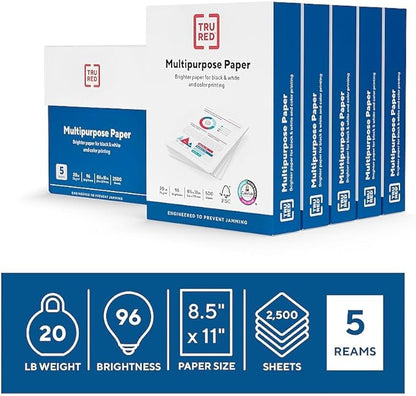 Staples TRU RED Color Printer Paper - 8.5" x 11", 1 Carton of 5 Reams for 2,500 Total Sheets, 20 lbs, 96 Bright Paper - Acid-Free and Engineered to Prevent Jamming