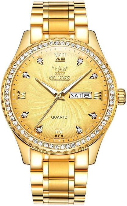 Men's Casual Stainless Steel Watch, Big Face Easy to Read Analog Quartz Watch with Day and Date, Classic Waterproof Diamond Roman Arabic Numerals Dial Dress Watch for Men, Gold Silver Black Band