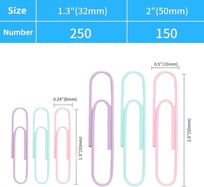 Multicolor Jumbo Paper Clips, 1.3 Inch (33mm) & 2 Inch (50mm), 400-Pack for Office, School & Home Document Organizing (Pastel, 1.3 Inch and 2 Inch)
