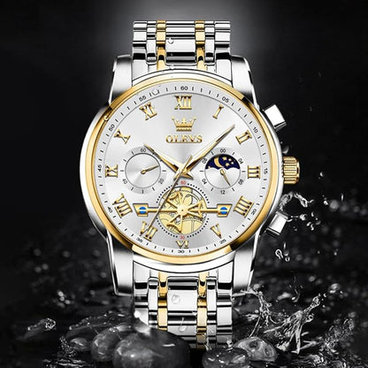 OLEVS Watches Men Waterproof Luxury Big Face Mens Watch Stainless Steel Quartz Analog Dress Watches for Men Luminous Multifunction Man Watch Relojes De Hombre