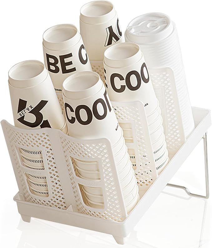 Paper Cup Dispenser, Cup and Lid Holder with 6 Slots, Disposable Coffee Cup Storage Organizer for Countertop, Office, Home, Breakroom, Restaurant, Coffee Station (White)