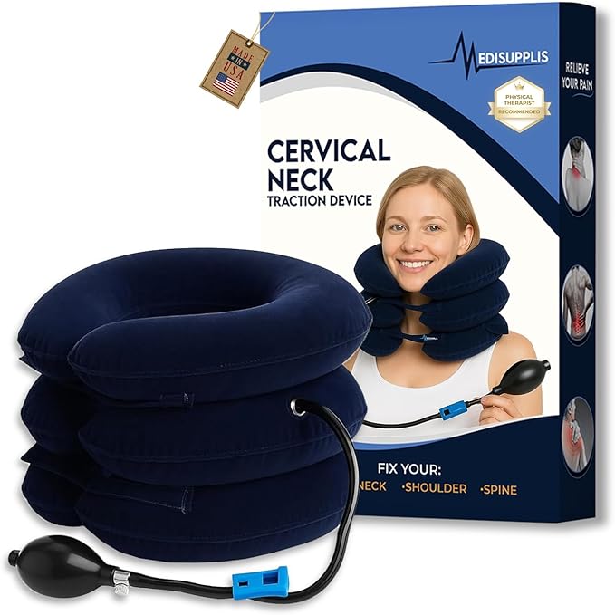Neck Stretcher, Cervical Traction Device, Neck Traction Device for Neck Pain Relief, Adjustable Inflatable Neck Stretcher Cervical Traction and Neck Brace, Neck Decompression Home Use (Blue)