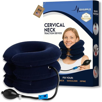 Neck Stretcher, Cervical Traction Device, Neck Traction Device for Neck Pain Relief, Adjustable Inflatable Neck Stretcher Cervical Traction and Neck Brace, Neck Decompression Home Use (Blue)
