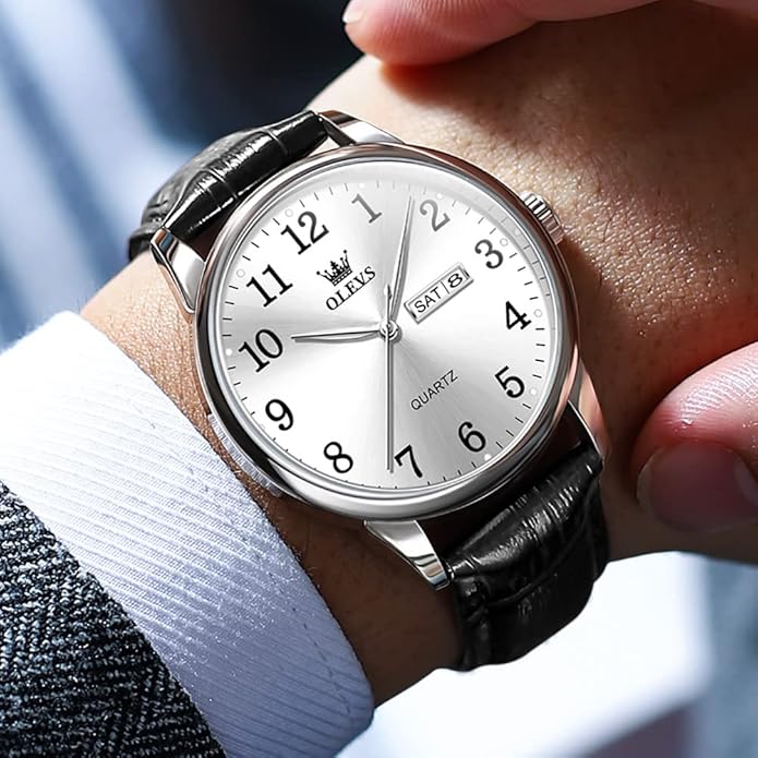 OLEVS Mens Watches Vintage Leather Band Dress Classic Easy Reader Arabic Numerals Analog Quartz Waterproof Date and Day Blue/Black/White Large Face Men's Wrist Watches