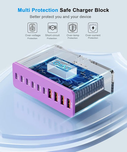 USB C Charging Station 10 Port with 4 USB Cables, 200W GaN Type C Charger Block, Wall Charger Power Strip Adapter Plug for iPad iPhone17 16 15 14 13 12 Pro Max Pixel Note Galaxy