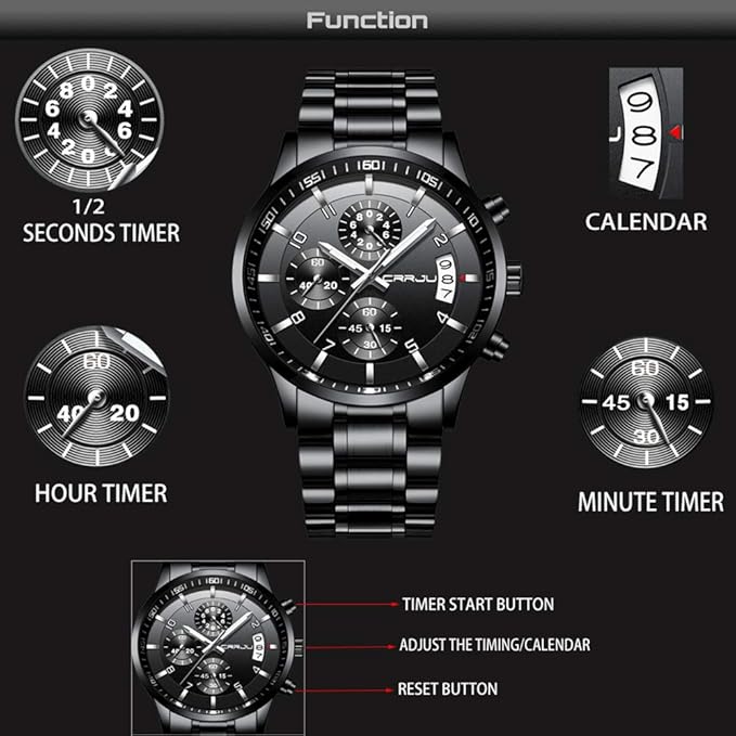 CRRJU Men's Fashion Stainless Steel Watches Date Waterproof Chronograph Wristwatches,Black Steel Band Waterproof Quartz Watch for Men