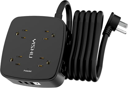 10 Ft Surge Protector Power Strip - 8 Widely Outlets with 4 USB Ports, 3 Side Outlet Extender with 10 Feet Extension Cord, Flat Plug, Wall Mount, Desk USB Charging Station, ETL, Black