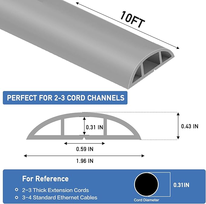 Floor Cord Cover Self Adhesive Cord Hider Floor Extension Cord Covers for Floor Power Cord Protector Cable Management Prevent Cable Trips Cable Cavity 0.59" W x 0.31" H (Grey, 10Ft)