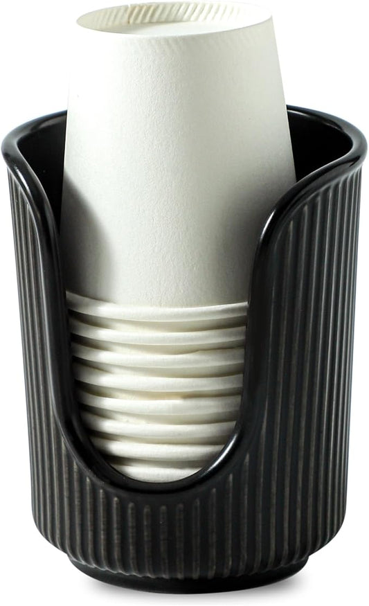 Ceramic Bathroom Cup Dispenser with Stylish Vertical Stripes - Disposable Mouthwash Cup Holder Holds 3-4oz Paper Cups for Rinsing Cups on Bathroom Vanity Countertops (Black)