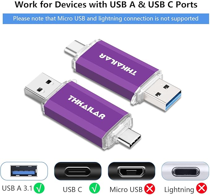 THKAILAR 128GB USB C Flash Drive 2 Pack,2-in-1 Dual Type-A&Type-C Thumb Drive USB 3.0 Memory Stick,High-Speed Flash Drive USB C for iPhone 15/16,Android,Mac,PC,PS4,Plug&Play,Durable&Compact Design
