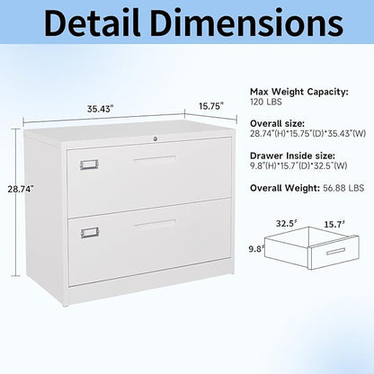 Lateral Filing Cabinet,2 Drawer File Cabinet with Lock,Office Lateral File Cabinets for Legal/Letter A4 Size,Require Assembly, White