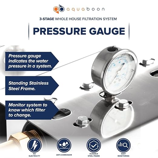 Aquaboon 3 Stage Whole House Water Filter System with Prefilter & Big CTO, Anti-Scale, Sediment Filters, Gauge & Release, Wrench, Freestanding Frame
