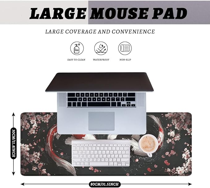 Koi Fish Gaming Mouse Pad Japanese Zen Yin Yang Cherry Blossoms XL Mouse Pad Large Mousepad Extended Laptop Keyboard Mat Gaming Desk Pad Mouse Mat 31.5"x11.8"