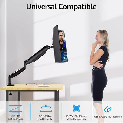 MOUNTUP Ultrawide Monitor Arm for Max 40 Inch Screen, Heavy Duty Monitor Desk Mount Support 6.6-30.9lbs, Gas Spring Computer Monitors Stand for Desk, VESA Mount with Clamp & Grommet Base