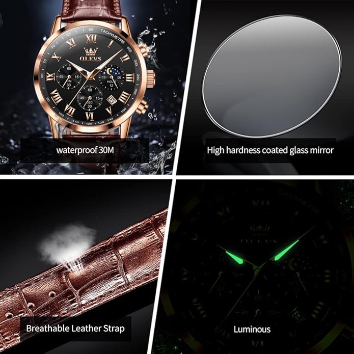 OLEVS Men's Leather Analog Quartz Watch - Luxury Chronograph Wristwatch With Date, Waterproof, Luminous - Dress Style