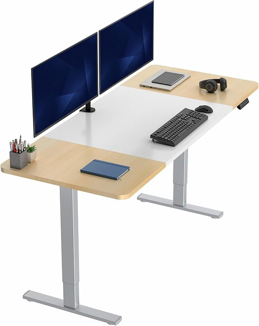 VIVO Electric 71 x 30 in Standing Desk, Memory Height Adjustment, 1B Series, White and Light Wood, Top Gray Frame, DESK-KIT-1G7WC