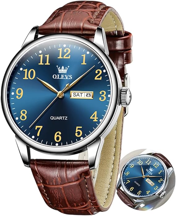 OLEVS Mens Watches Vintage Leather Band Dress Classic Easy Reader Arabic Numerals Analog Quartz Waterproof Date and Day Blue/Black/White Large Face Men's Wrist Watches