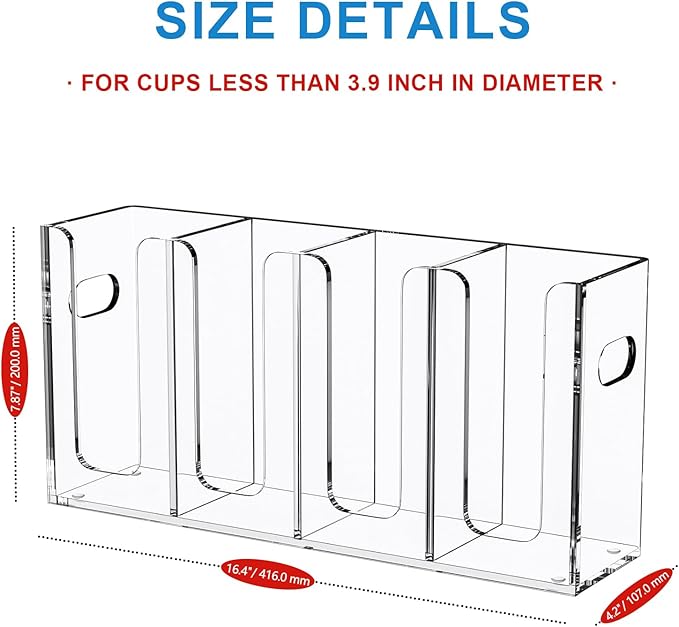 WINFFOR Disposable Cup Organizer Dispenser - 4 Compartments Clear Acrylic Cup and Lid Holder with Handles Plastic Cup Dispenser Countertop Paper Cup Holder for Coffee Bar House Party Essentials