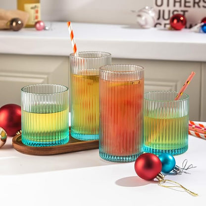 Ribbed Drinking Glasses 8pcs, 12oz and 10oz Glassware, Tumbler Glasses Cup Set for Wedding, Party, Christmas Gift, Blue