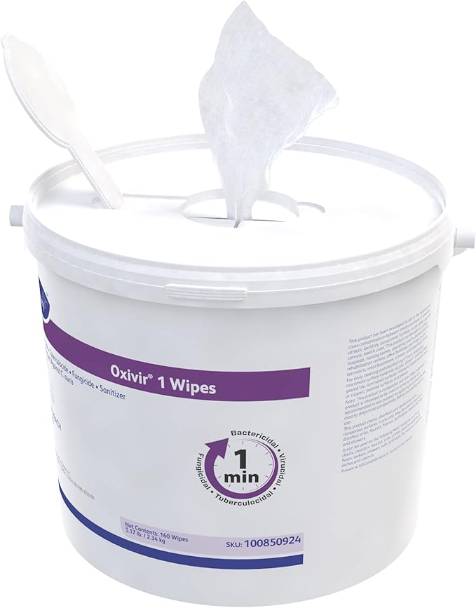 Oxivir Diversey 1 100850924 Disinfectant Cleaning Wipes, Virucidal, Pre-Moistened with Accelerated Hydrogen Peroxide AHP, Unscented, 160 Extra Large 11x12-Inch Wipes, 1-Bucket (Pack of 4)