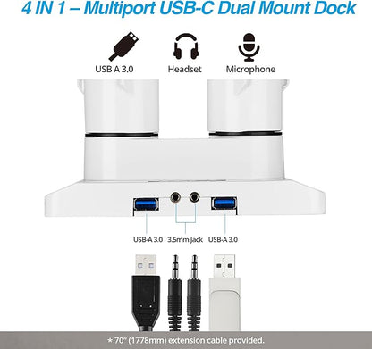 AVLT Dual 13"-43" Monitor Arm - Desk Mount for Two Flat/Curved Monitors - Full Motion Height Swivel Tilt Rotation Adjustable - White/VESA/C-Clamp/Grommet/Cable Management