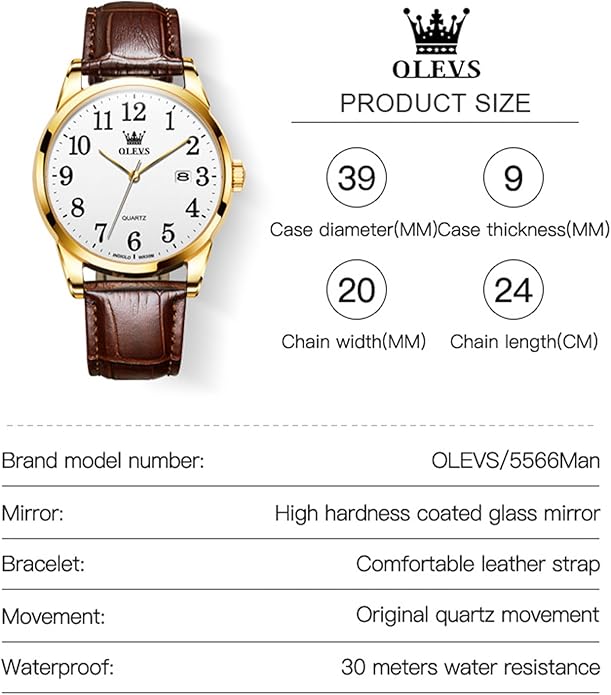 OLEVS Watch Men Mens Watches Watches for Men Leather Band Classic Brown Leather Watch Men, Analog Watch Men, Black Mens Leather Watch, Dress Waterproof Large Face Mens Watch,Relojes para Hombres Watch