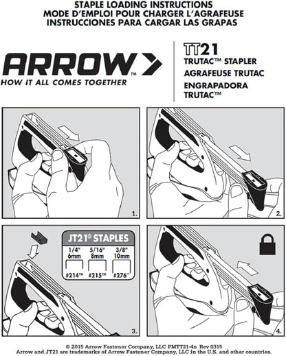 Arrow TT21 TruTac Forward Action Staple Gun, Manual Push Stapler for Upholstery, Crafts, Decorating, and Repairs, Fits JT21 Thin Wire Staples
