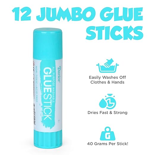 Darice 12 Jumbo Glue Sticks, 1.4 Oz All Purpose Stick Glue, Strong Hold, Easy Stick, Quick Drying, Non-Toxic, Scrapbooking, Back to School Supplies, Home, Office