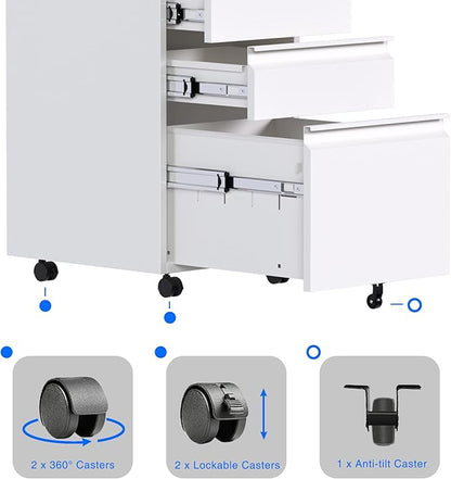 Aobabo 3 Drawer File Cabinet with Lock,Metal Filing Cabinet with Wheels for Home Office & Business Enterprise, Legal/Letter Size, Fully Assembled Except Wheels, White