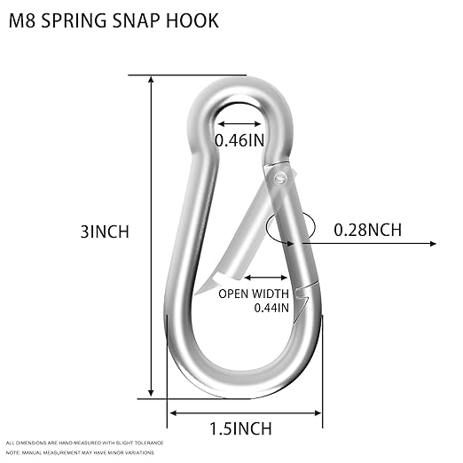 3IN Spring Snap Hook Carabiner, 12PCS M8 Heavy Duty Galvanized Steel Carabiner Clip, 550LBS Holding Capacity Spring Clips for Hammock Swing Outdoor Travel