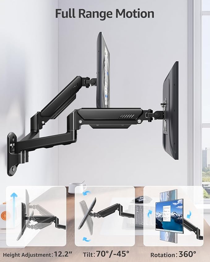 MOUNTUP Dual Monitor Wall Mount for 2 Max 32 Inch Computer Screen, Fully Adjustable Gas Spring Double Monitor Arm, Wall Mounted Monitor Holder Support 4.4-19.8lbs Display, VESA Bracket 75x75, 100x100
