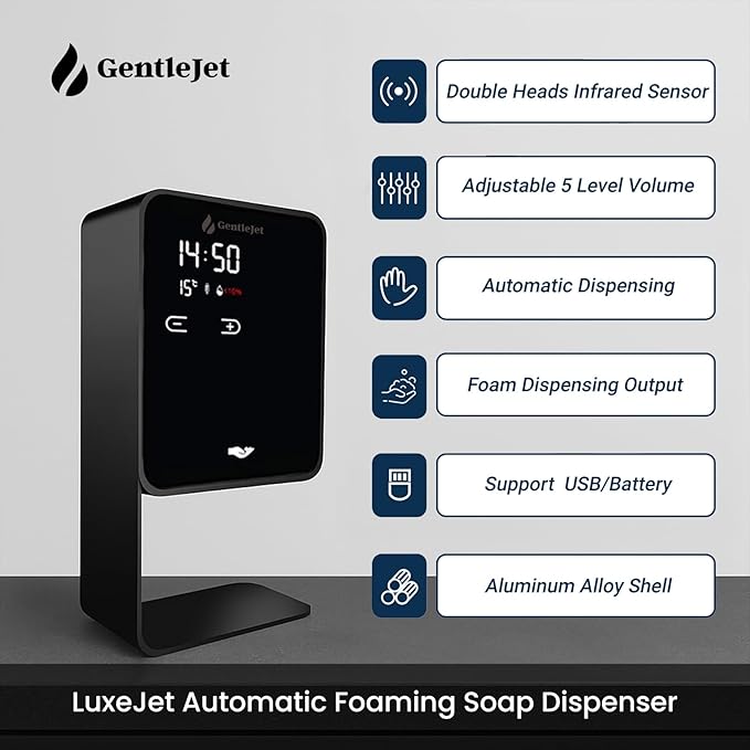LuxeJet Automatic Foam Soap Dispenser Touchless, USB-C Powered or Battery, Aluminum Alloy Body, Wall Mount or Countertop, Digital Display, Hands-Free Automatic Soap Dispenser Touchless