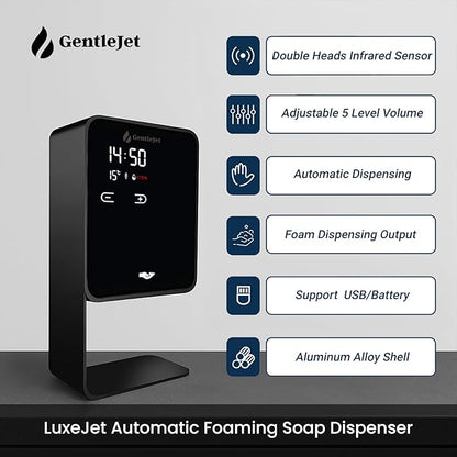LuxeJet Automatic Foam Soap Dispenser Touchless, USB-C Powered or Battery, Aluminum Alloy Body, Wall Mount or Countertop, Digital Display, Hands-Free Automatic Soap Dispenser Touchless