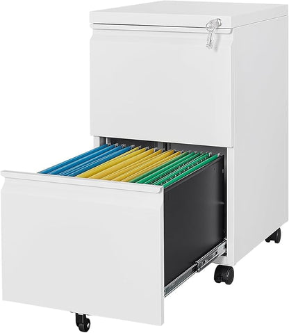 2 Drawer File Cabinet with Lock，Locking Filing Cabinet Under Desk,Rolling File Cabinets for Home Office/Legal/Letter Size,Fully Assembled,White