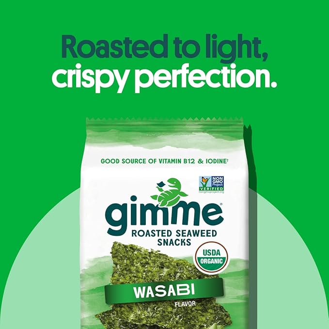Gimme Seaweed Organic Premium Roasted Seaweed Snacks, Wasabi,12 Count Sharing Size, Keto, Vegan, Gluten-Free, Great Source of Omega3s and Iodine, Healthy On-The-Go Snack for Kids and Adults
