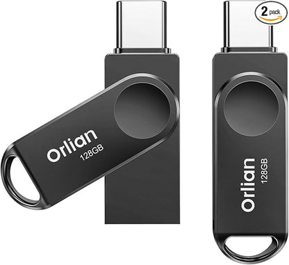 2PCS 128GB USB C Flash Drive for Phone, Dual USB 3.0 Phone Thumb Drive Type-C & USB-A, up to 110MB/S Metal Waterproof Swivel Memory Stick for iPhone 15/16/17, Android, Tablet, Computer PC