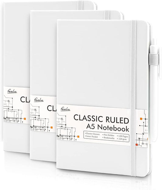 feela 3 Pack Notebooks Journals Bulk, Hardcover Notebook Classic Ruled Lined Journals with Pen Holder for Women Girls School Business Supplies, with 3 Black Pens, 120 GSM, 5.1”x8.3”, A5, White