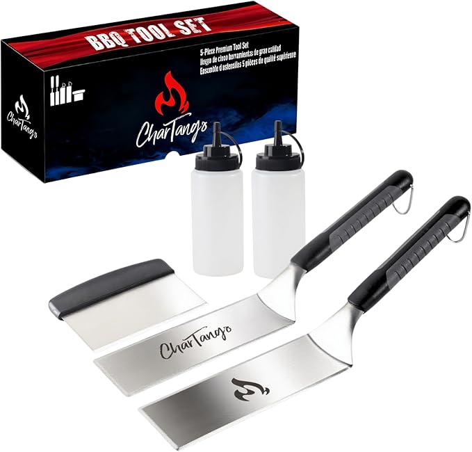 Blackstone-Compatible 5-Piece Griddle Spatula Set - 3mm Heavy-Duty Stainless Steel Tools w/ Scraper & 2 BPA-Free Oil Bottles - Fits Blackstone/Camp Chef - Ideal for Hibachi, Camping BBQ & Grill Gift