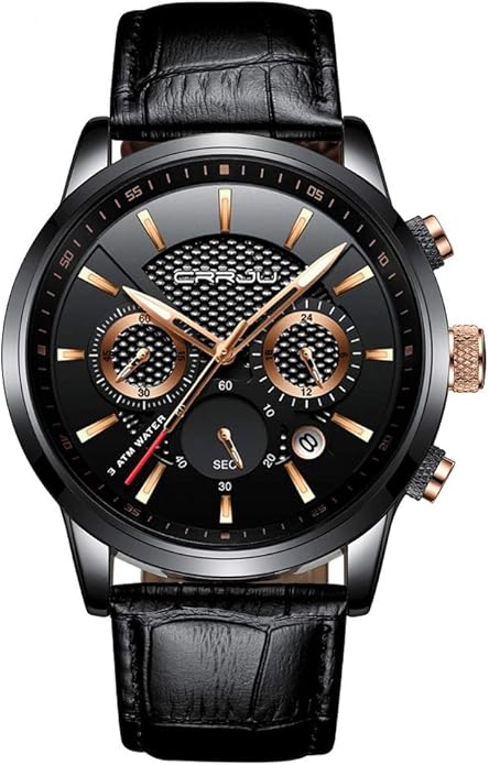 CRRJU Men's Business Casual Chronograph Quartz Waterproof Wristwatch Black Leather Strap