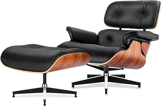 Top Black Grain Leather, Mid Century Chaise Lounge Chair and Ottoman, Modern Chair Classic Design, Palisander Wood, Heavy Duty Base Support for Living Room Office Study