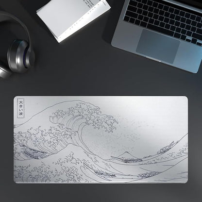 Large Japanese Sea Wave Mouse Pad - White Anime Desk Mat, Extended Non-Slip Keyboard Pad, Kanagawa Office Desktop Protector 23.6" x 11.8" for Gaming, Office and Home
